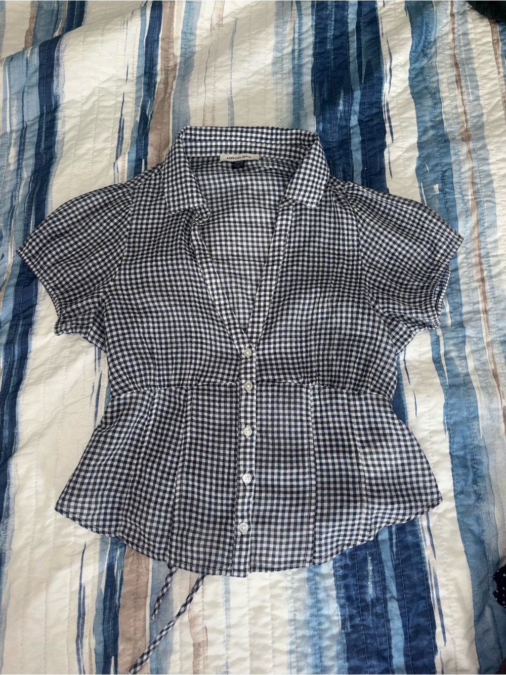 American Eagle Outfitters Navy and White Gingham Button-Down Peplum Top